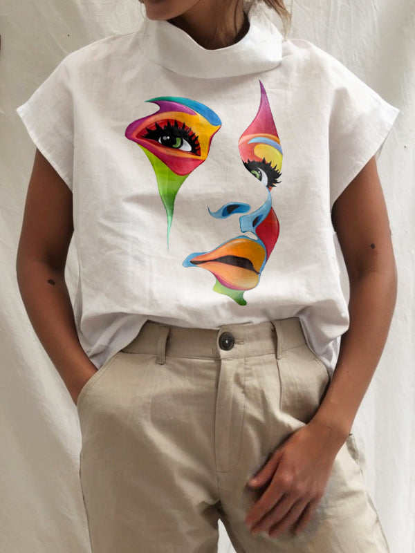 Figure Printed Loose Short Sleeves High Neck T-Shirts Tops