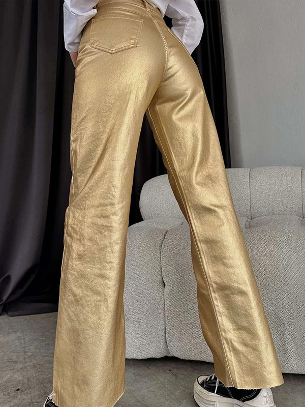 Pockets Solid Color Wide Leg Trousers Pants