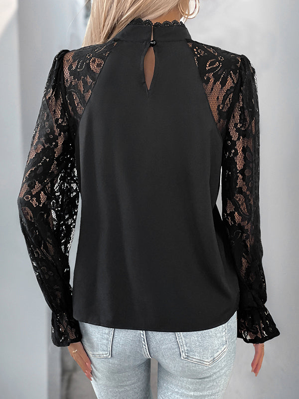 Black Leaves Elasticity See-Through Split-Joint Long Sleeves Loose Mock Neck Blouses&Shirts Tops