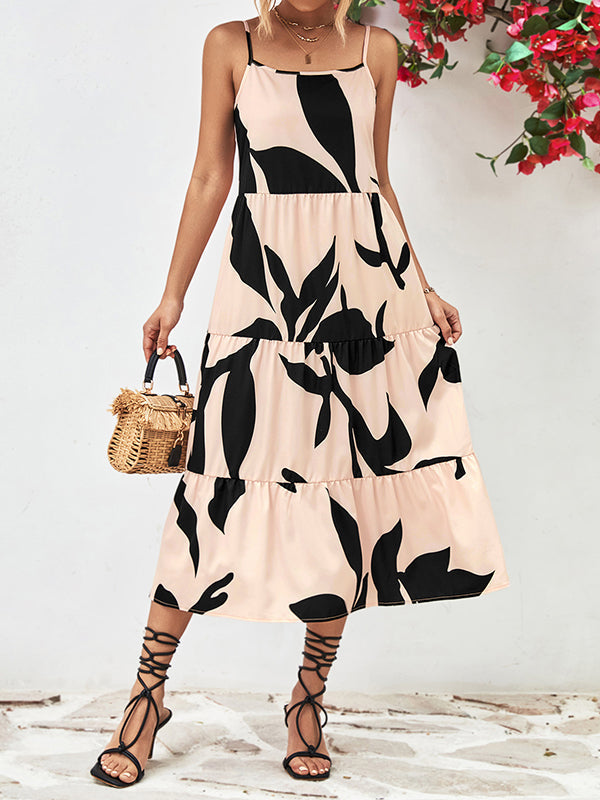 Contrast Color Floral Printed Loose Sleeveless Spaghetti-Neck Midi Dresses