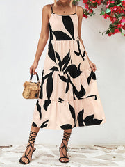 Contrast Color Floral Printed Loose Sleeveless Spaghetti-Neck Midi Dresses