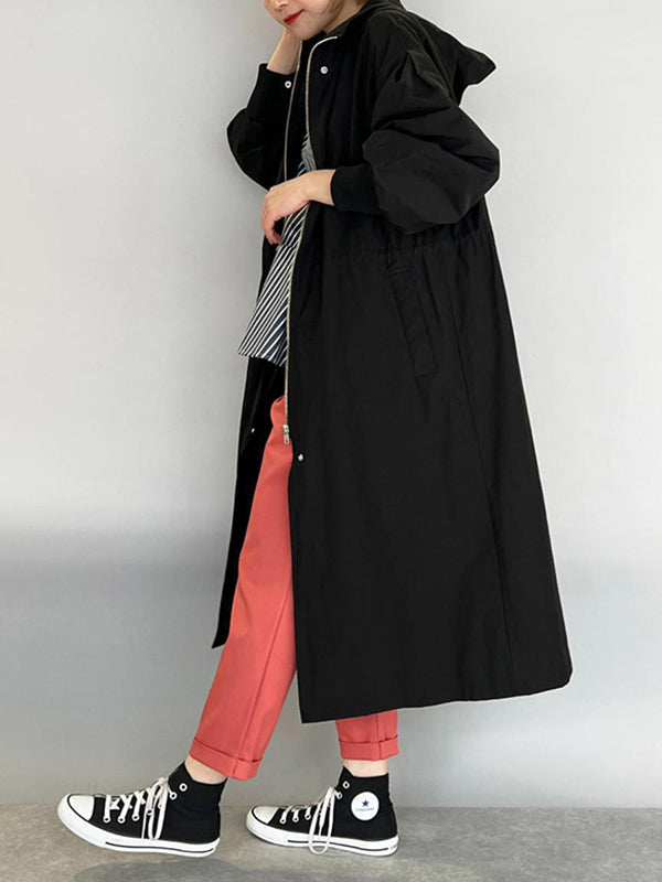 Loose Long Sleeves Drawstring Solid Color Zipper Hooded Trench Coats Outerwear