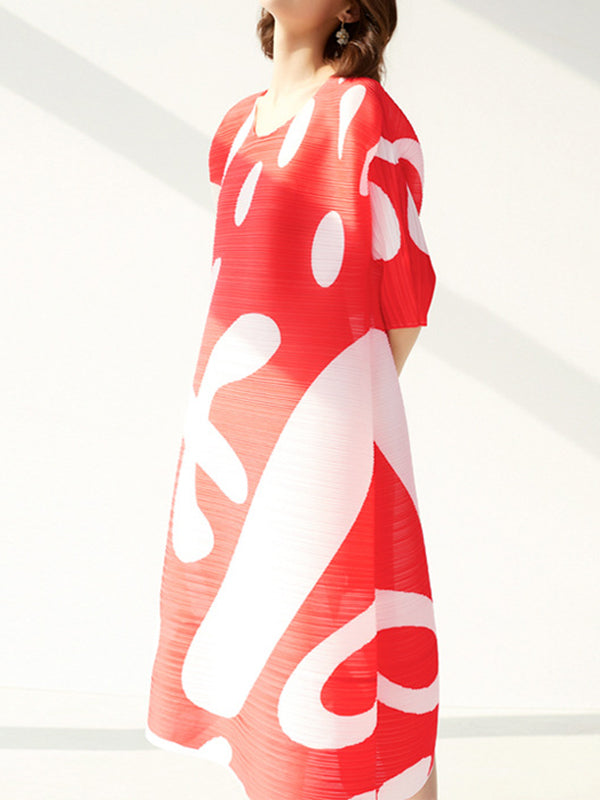 Pleated Print Half Sleeves Loose Round-neck Midi Dresses