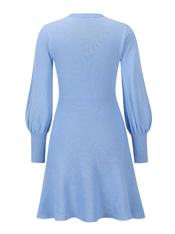 Solid Color Puff Sleeves Wrap Round-Neck Sweater Dress