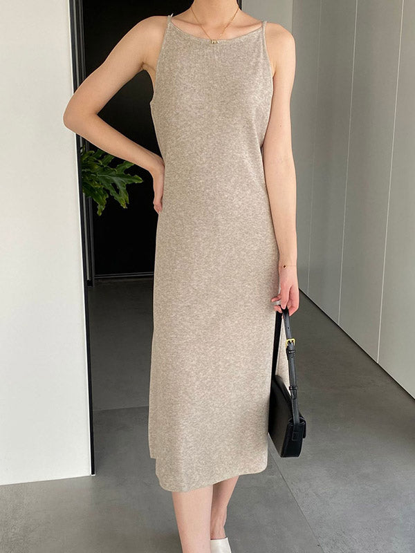 Solid Color A-Line High Waisted Spaghetti-Neck Midi Dresses