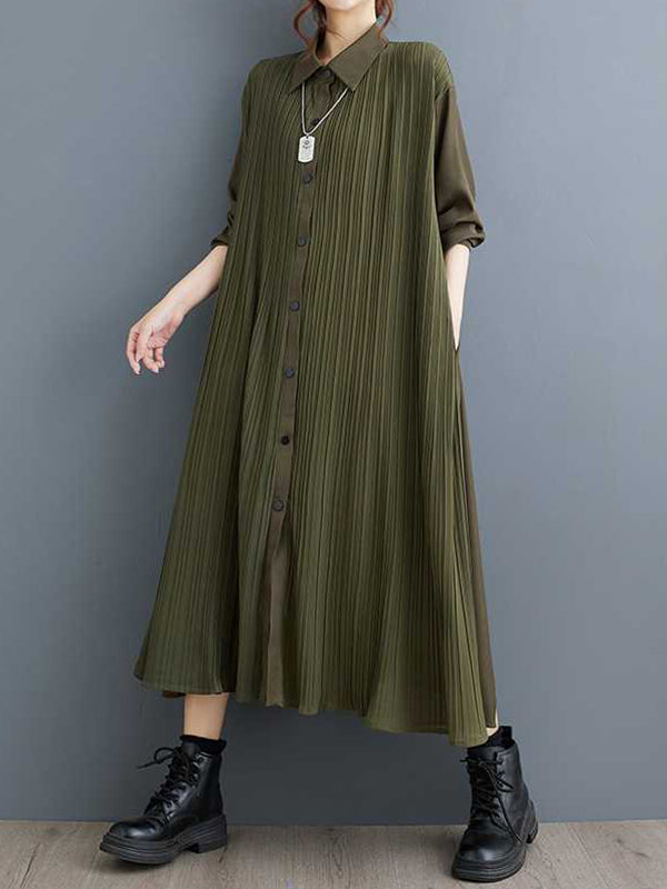 Buttoned Pleated Pockets Split-Joint A-Line Long Sleeves Lapel Shirt Dress Midi Dresses