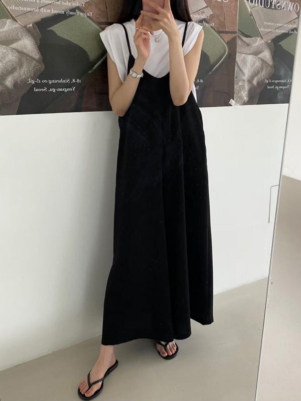 Solid Color Wide Leg Spaghetti-Neck Overalls