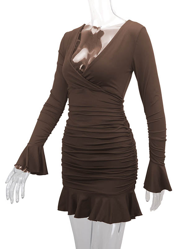 Pleated Ruffled Solid Color Split-Joint Bodycon Elasticated Waist V-Neck Midi Dresses
