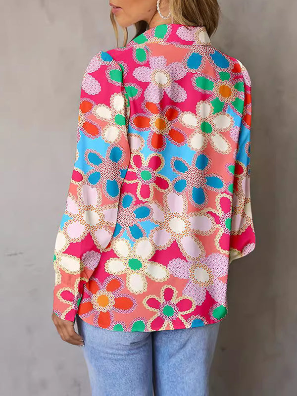 Flower Print Pleated Split-Joint Loose Puff Sleeves Lapel Blouses