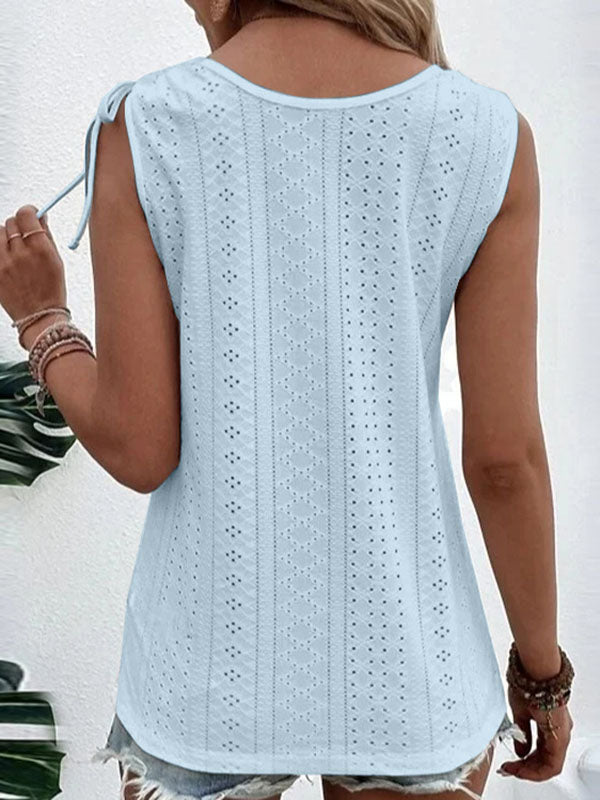 Buttoned Hollow Pleated Split-Joint Tied Loose Plus Size U-neck Vest Top