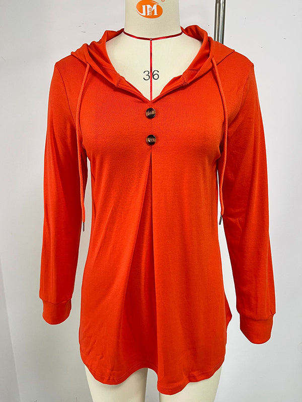 Buttoned Drawstring Hooded Solid Color Long Sleeves Loose V-Neck T-Shirts Tops