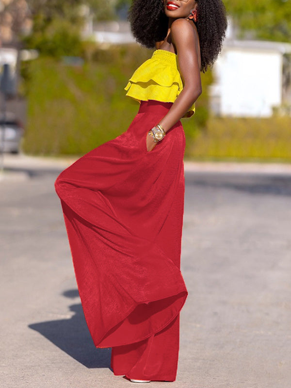 Pleated Pockets Shiny Solid Color High Waisted Loose Trousers Pants