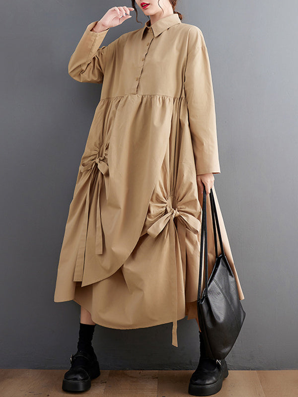 Buttoned Pleated Pockets Solid Color Tied A-Line Long Sleeves Lapel Shirt Dress Midi Dresses