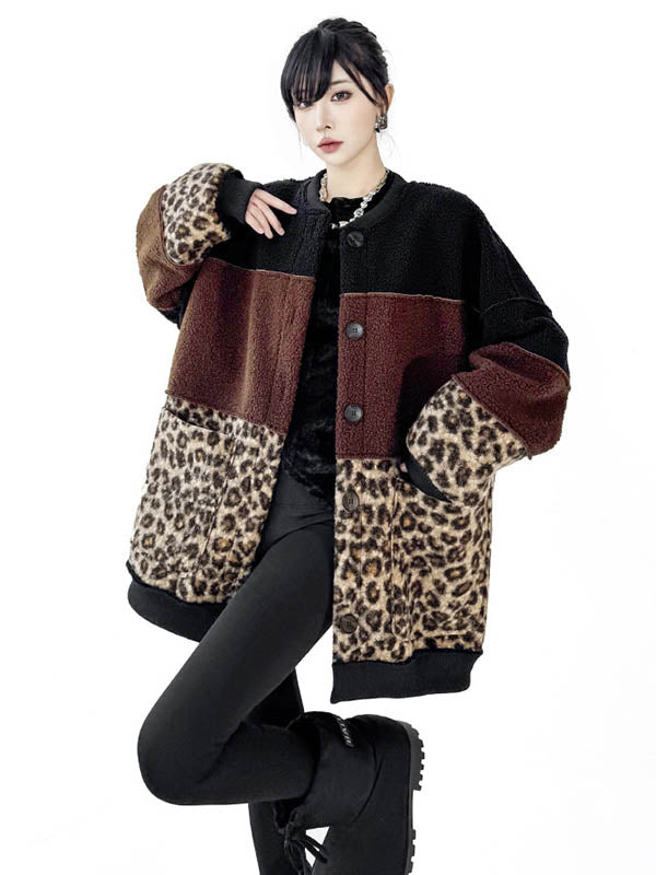 Buttoned Contrast Color Reversible Split-Joint Long Sleeves Loose Round-Neck Outerwear Cardigan Tops