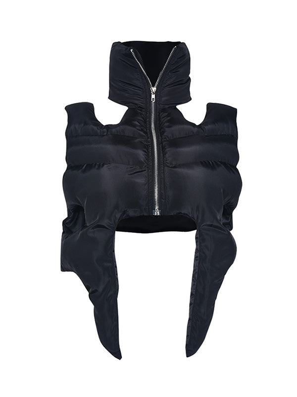 Hollow Solid Color Zipper Loose Sleeveless Stand Collar Padded Vest