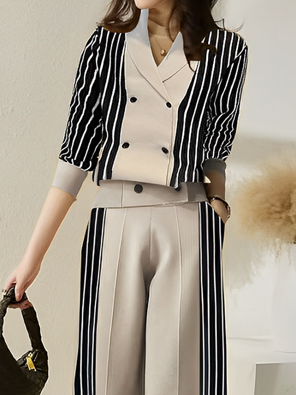 Buttoned Contrast Color Split-Joint Striped Long Sleeves Loose V-Neck Cardigan Tops