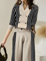 Buttoned Contrast Color Split-Joint Striped Long Sleeves Loose V-Neck Cardigan Tops