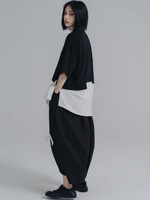 Simple Loose Elasticity Waist Wide Leg Solid Color Pants