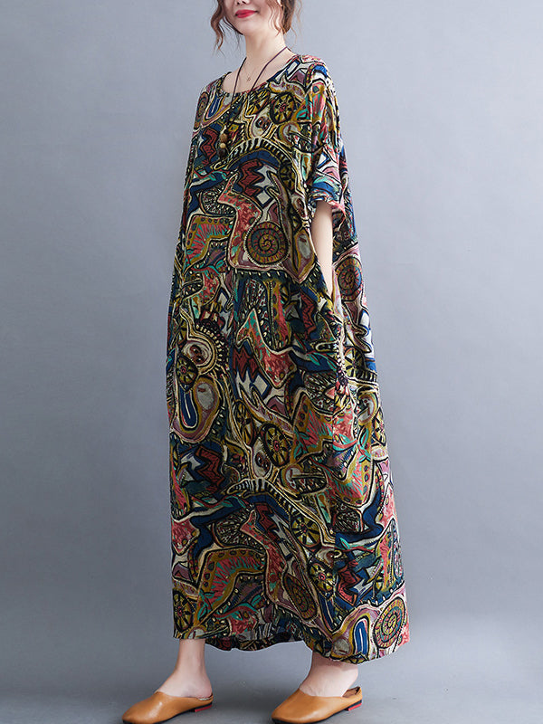 Original Artistic Retro Loose Printed Contrast Color Midi Dress