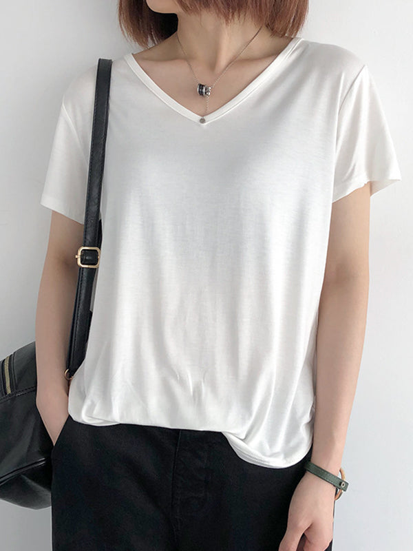Simple Casual Solid Color V-Neck Short Sleeves T-Shirt Top