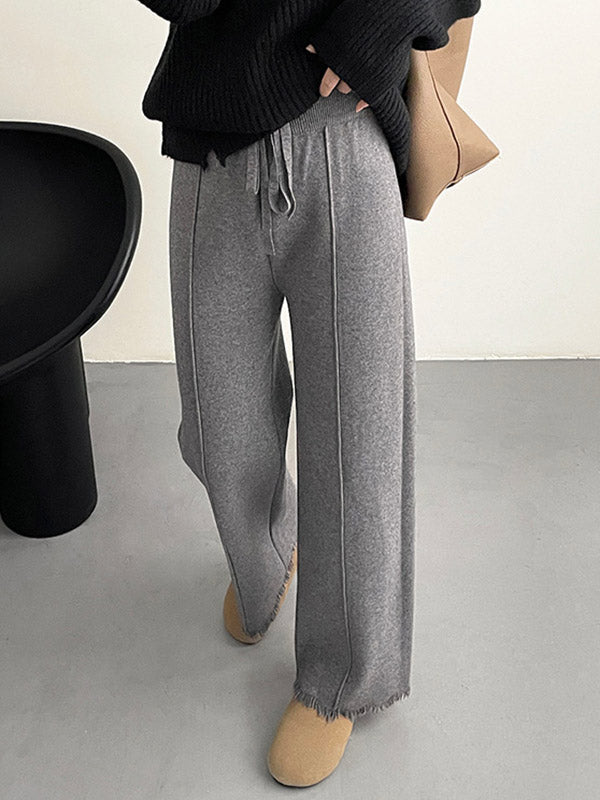 Fringed Pleated Solid Color Split-Joint Tied Waist High Waisted Loose Trousers Pants