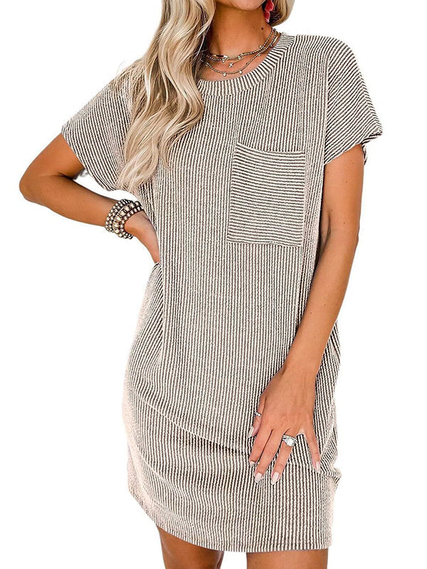 Contrast Color Pockets Split-Joint Striped A-Line Loose Round-Neck Mini Dresses