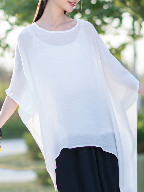 See-Through Solid Color Half Sleeves High-Low Round-Neck Blouses