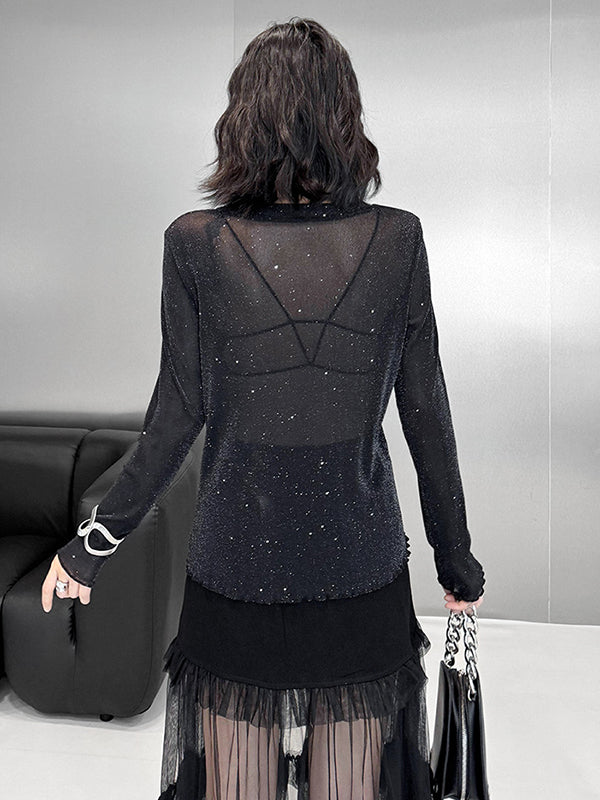 See-Through Shiny Long Sleeves Loose Round-Neck T-Shirts Tops