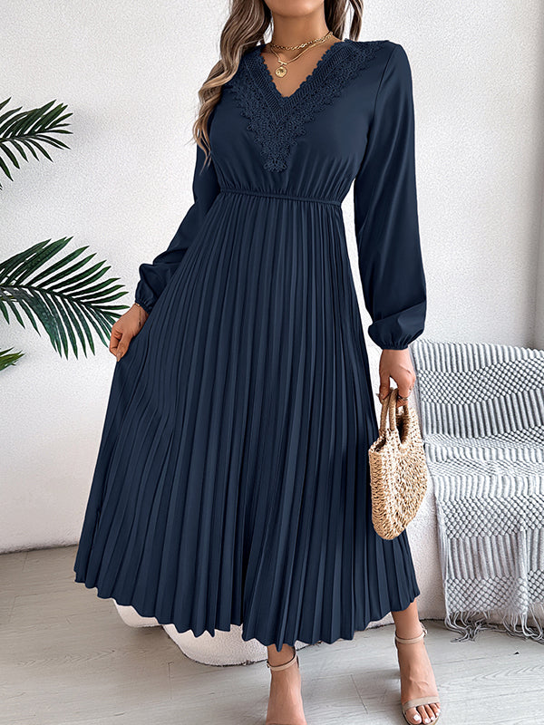 Pleated Solid Color Elasticated Waist High Waisted V-neck Midi Dresses
