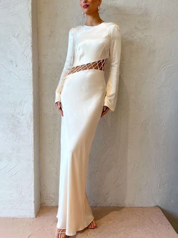 Hollow Solid Color High Waisted Long Sleeves Round-Neck Maxi Dresses