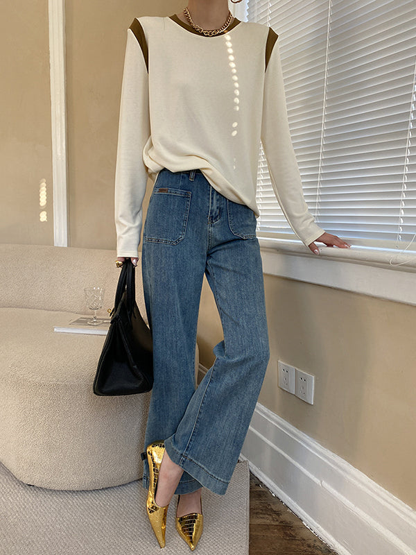 Casual High Waisted Wide Leg Solid Color Jean Pants Bottoms
