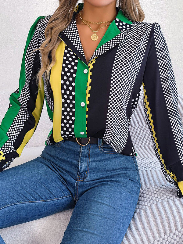 Buttoned Contrast Color Polka-Dot Long Sleeves Notched Collar Blouses&Shirts Tops