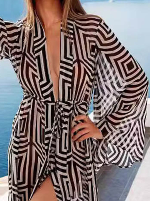Lace-Up See-Through Split-Joint Flared Sleeves Loose Deep V-Neck Cover-Up