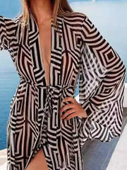 Lace-Up See-Through Split-Joint Flared Sleeves Loose Deep V-Neck Cover-Up