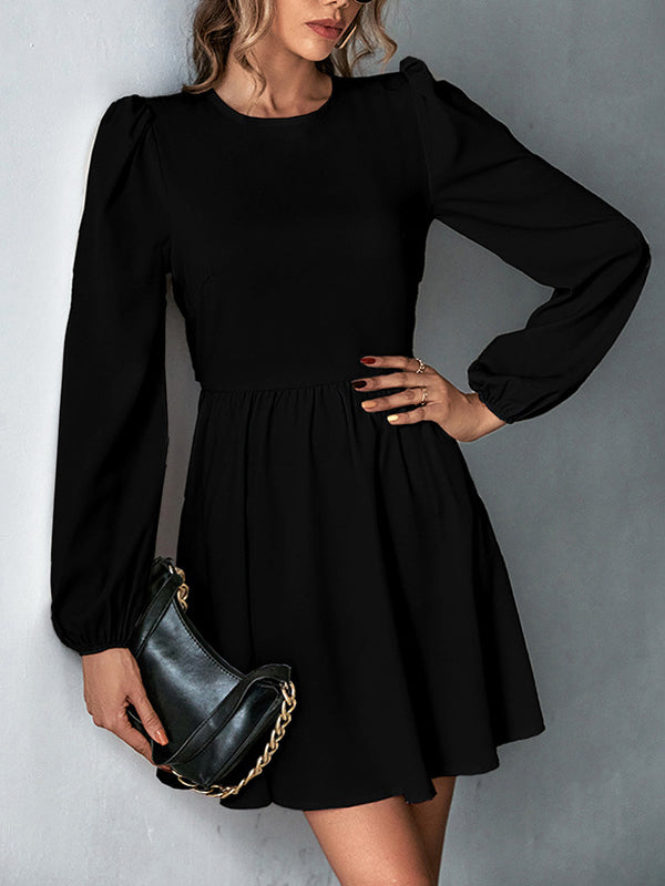 Backless Elasticity Hollow Pleated Solid Color Tied A-Line Bishop Sleeve Round-Neck Mini Dresses