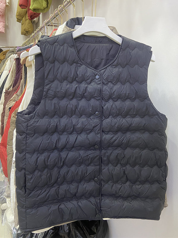 Buttoned Quilted Solid Color Loose Sleeveless Round-Neck Padded Vest