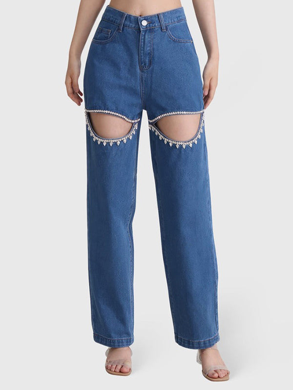 Hollow Rhine Stones High Waisted Loose Jean Pants Bottoms