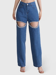 Hollow Rhine Stones High Waisted Loose Jean Pants Bottoms