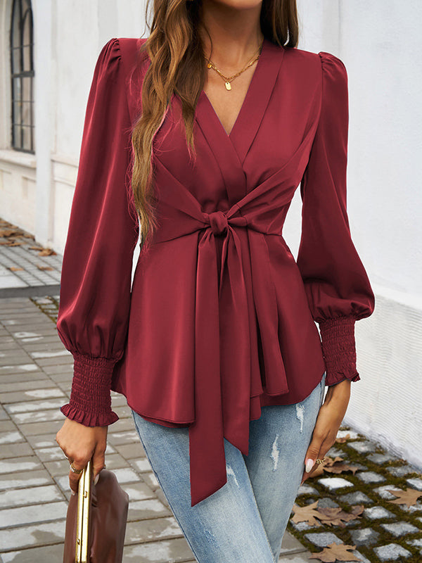 Elasticity Knot Solid Color Long Sleeves Loose V-Neck Blouses&Shirts Tops