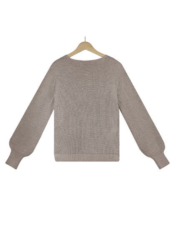 Casual Long Sleeves Solid Color V-Neck Sweater Tops