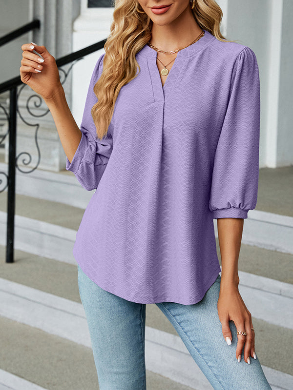 Jacquard Pleated Solid Color Split-Joint Loose Puff Sleeves V-Neck T-Shirts Tops