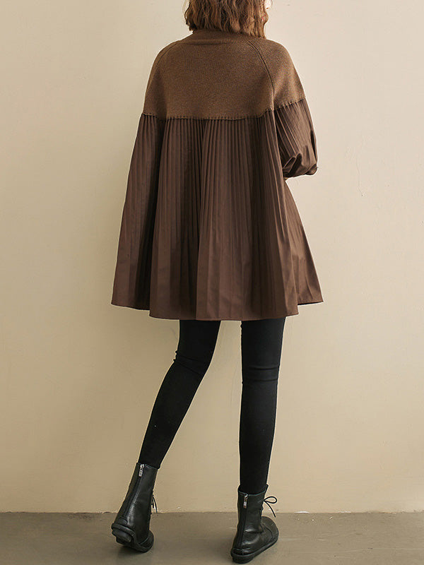 Knitting Pleats Split-Joint High-Neck Pullover Top