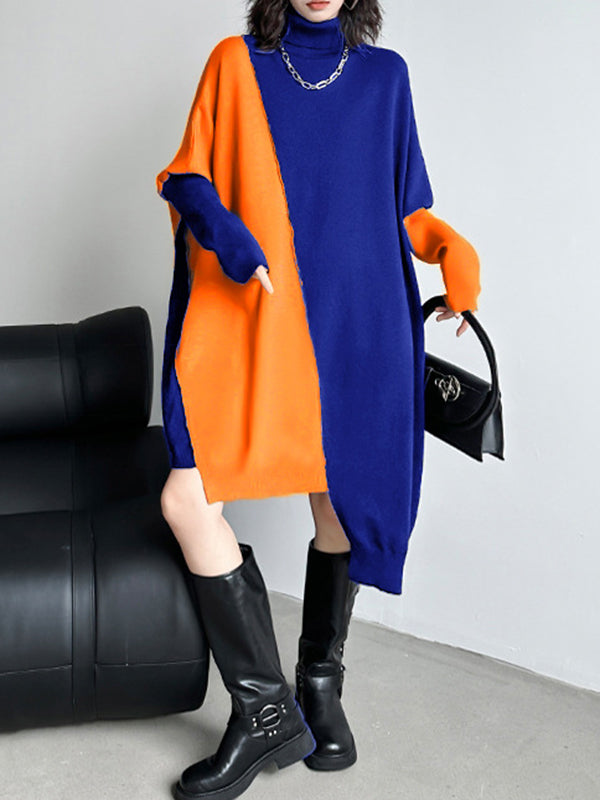Asymmetric Contrast Color Split-Joint Batwing Sleeves Long Sleeves High Neck Sweater Dresses Midi Dresses