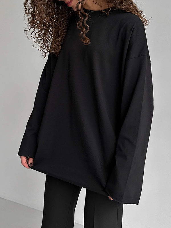 Solid Color Long Sleeves Loose Round-Neck T-Shirts Tops