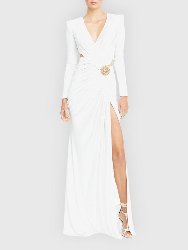 Asymmetric Hollow Pleated Rhine Stones Shoulder Pad Split-Side Long Sleeves Skinny V-Neck Maxi Dresses