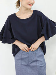 Solid Color Flying Sleeves Loose Round-neck Blouses&shirts Tops