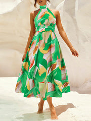 Pleated Printed Split-Joint A-Line Loose Halter-Neck Midi Dresses