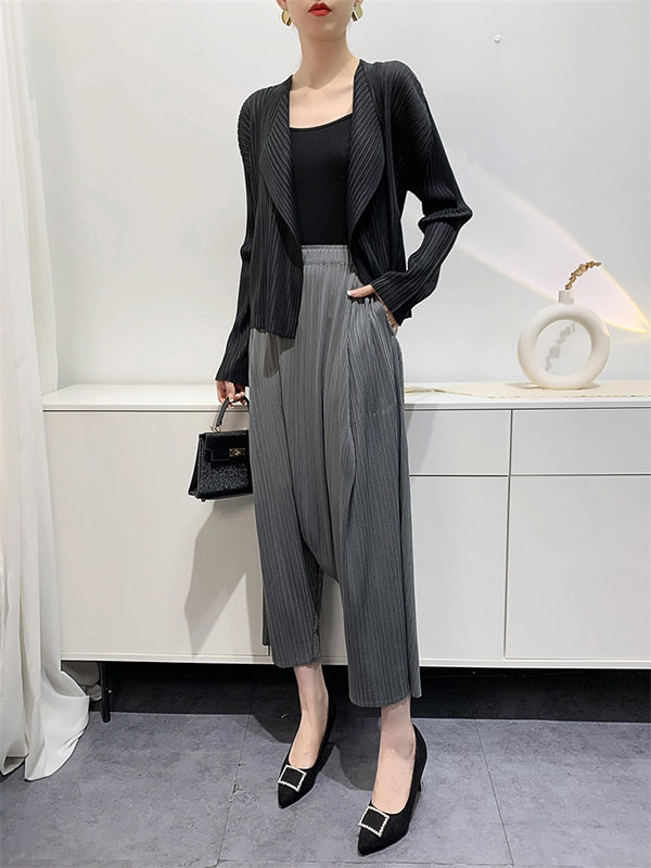 Elasticity Pleated Solid Color Split-Joint Harem Pants High Waisted Trousers Pants Ninth Pants