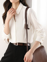 Buttoned Pleated Solid Color Long Sleeves Loose Lapel Blouses&Shirts Tops