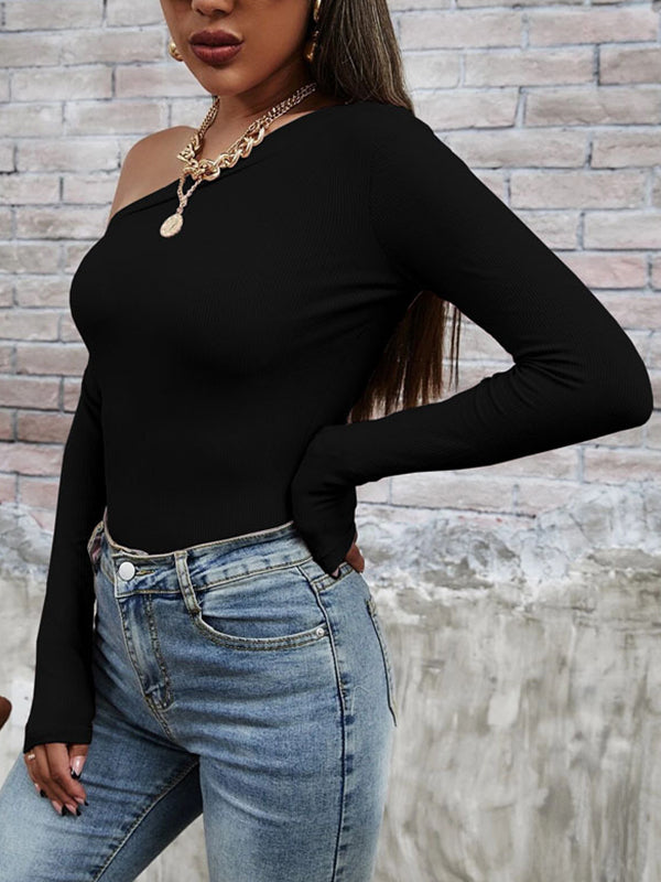 Solid Color Long Sleeves Skinny One-Shoulder T-Shirts Tops